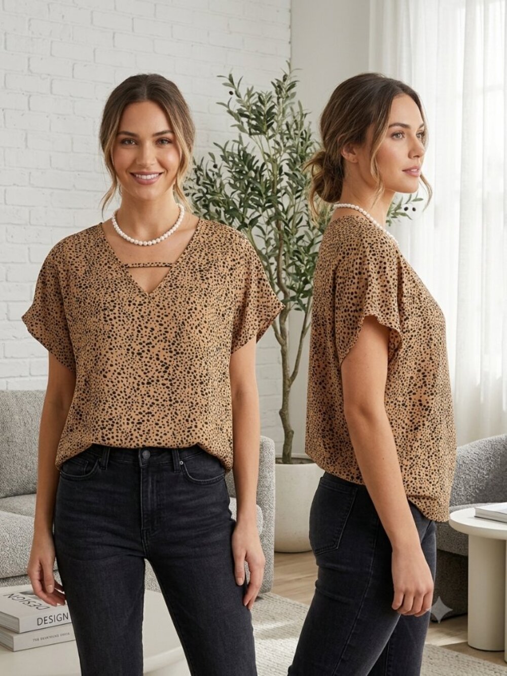 Unbranded Tan & Black Animal Print Women's V-Neck Blouse - Size Medium NEW